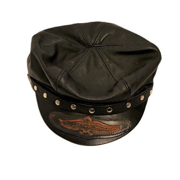 Vintage Leather Biker Cap Freedom Machine Adjustable Strap Studs Black One Size - Picture 1 of 4